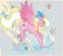 Size: 1700x1500 | Tagged: safe, artist:zakkurro, oc, oc only, oc:bay breeze, species:pegasus, species:pony, abstract background, bow, female, hair bow, happy, jumping, leaves, mare, puddle, solo, spread wings, tail bow, wings