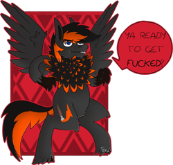 Size: 1180x1125 | Tagged: safe, artist:dr-idiot, oc, oc only, oc:crafted sky, species:hippogriff, edgy, male, neck feathers, solo, threatening, unshorn fetlocks, vulgar