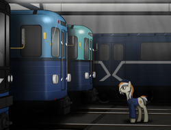 Size: 1513x1157 | Tagged: safe, artist:subway777, oc, oc only, oc:godgi, species:earth pony, species:pony, 81-717/714, clothing, conductor, lens flare, metro, moscow metro, russia, solo, subway, train