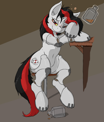 Size: 1147x1338 | Tagged: safe, artist:almar, oc, oc only, oc:blackjack, species:pony, fallout equestria, fallout equestria: project horizons, alcohol, bedroom eyes, bottle, cyborg, drunk, magic, prosthetics, solo, stool, whiskey