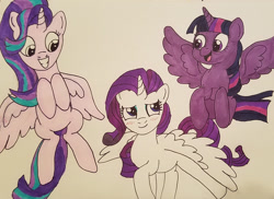 Size: 1876x1369 | Tagged: safe, artist:iffoundreturntorarity, character:rarity, character:starlight glimmer, character:twilight sparkle, character:twilight sparkle (alicorn), species:alicorn, species:pony, alicornified, cute, female, flying, race swap, raribetes, raricorn, starlicorn, traditional art, trio, trio female, xk-class end-of-the-world scenario