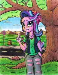 Size: 5100x6617 | Tagged: safe, artist:artponymdp, character:starlight glimmer, equestria girls:mirror magic, g4, my little pony: equestria girls, my little pony:equestria girls, spoiler:eqg specials, absurd resolution, beanie, clothing, female, hat, peace sign, sign, solo, stop sign, street, torn clothes, traditional art, tree