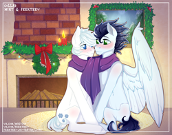 Size: 1280x1001 | Tagged: safe, artist:feekteev, character:double diamond, character:soarin', species:pegasus, species:pony, blushing, candle, christmas, christmas wreath, clothing, colored pupils, crack shipping, gay, holiday, looking at each other, male, scarf, shared clothing, shared scarf, shipping, sitting, smiling, soarin'diamond, stallion