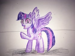 Size: 4032x3024 | Tagged: safe, artist:bbqninja501st, character:twilight sparkle, character:twilight sparkle (alicorn), species:alicorn, species:pony, absurd resolution, female, looking at you, mare, open mouth, raised hoof, solo, spread wings, traditional art, wings