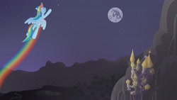 Size: 4859x2733 | Tagged: safe, artist:minimoose772, character:rainbow dash, species:pegasus, species:pony, g4, canterlot, female, flying, mare, mare in the moon, moon, night, photoshop, rainbow, solo, wallpaper