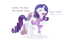 Size: 4859x2733 | Tagged: safe, artist:minimoose772, character:rarity, character:sweetie belle, species:pony, species:unicorn, g4, belle sisters, can't breathe, clothing, dialogue, duo, duo female, female, filly, mare, photoshop, simple background, transparent background
