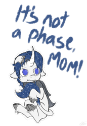 Size: 741x1079 | Tagged: safe, artist:ethaes, community related, oc, oc only, oc:vesper iris, species:classical unicorn, species:pony, species:unicorn, them's fightin' herds, blue hair, clothing, cloven hooves, curved horn, floppy ears, holding tail, it's not a phase, leonine tail, scarf, scrunchy face, simple background, text, tfh oc, transparent background, unshorn fetlocks