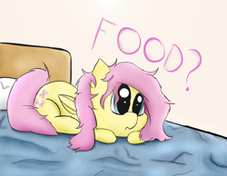 Size: 4500x3500 | Tagged: safe, artist:rainyvisualz, character:fluttershy, species:pegasus, species:pony, absurd resolution, bed, cute, dialogue, folded wings, hungry, messy mane, prone, small, wings