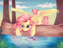 Size: 1024x791 | Tagged: dead source, safe, artist:naminzo, character:fluttershy, species:pegasus, species:pony, colored pupils, cute, female, mare, prone, reflection, ripple, shyabetes, sky, solo, spread wings, tree, water, wings