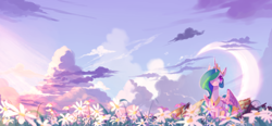 Size: 2560x1184 | Tagged: dead source, safe, artist:gianghanz, character:princess celestia, species:alicorn, species:pony, cloud, crescent moon, female, flower, hair over one eye, mare, meadow, moon, scenery, sky, smiling, solo