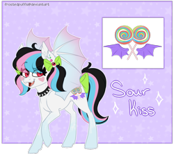 Size: 1095x973 | Tagged: safe, artist:frostedpuffs, oc, oc only, oc:sour kiss, species:bat pony, species:pony, choker, female, mare, reference sheet, solo, spiked choker