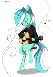 Size: 2121x3062 | Tagged: safe, artist:ratann, character:lyra heartstrings, species:pony, species:unicorn, clothing, curved horn, dig the swell hoodie, eyes closed, female, guitar, hoodie, music notes, musical instrument, playing, simple background, sitting, solo, stool, white background