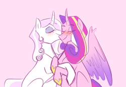 Size: 1000x695 | Tagged: safe, artist:frowoppy, character:fleur-de-lis, character:princess cadance, species:alicorn, species:pony, species:unicorn, ship:fleurdance, blushing, colored wings, curved horn, eyes closed, female, gradient background, gradient wings, horn, infidelity, lesbian, mare, nuzzling, shipping, sitting, smiling, wings