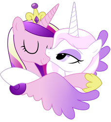 Size: 1428x1567 | Tagged: safe, artist:frowoppy, character:fleur-de-lis, character:princess cadance, species:alicorn, species:pony, species:unicorn, ship:fleurdance, crown, eyes closed, female, horn, hug, infidelity, jewelry, kissing, lesbian, mare, nuzzling, regalia, shipping, simple background, smiling, transparent background, winghug, wings