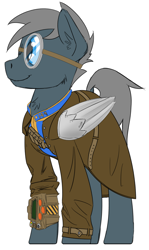 Size: 1443x2421 | Tagged: safe, artist:wcnimbus, oc, oc only, oc:chrome flyer, species:pegasus, species:pony, fallout equestria, clothing, coat, colored sketch, fallout, goggles, male, pipbuck, prosthetics, request, simple background, solo, stallion, vault suit