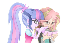 Size: 1024x576 | Tagged: safe, artist:root, derpibooru original, character:sunset shimmer, character:twilight sparkle, character:twilight sparkle (scitwi), species:eqg human, my little pony:equestria girls, book, glasses, simple background, transparent background