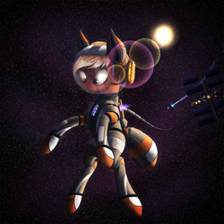 Size: 5000x5000 | Tagged: safe, artist:quefortia, character:applejack, species:earth pony, species:pony, absurd resolution, astronaut, female, mare, solo, space, space station, space suit, sun, tether