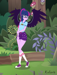 Size: 1200x1562 | Tagged: safe, artist:katanis, character:midnight sparkle, character:twilight sparkle, character:twilight sparkle (scitwi), species:eqg human, equestria girls:legend of everfree, g4, my little pony: equestria girls, my little pony:equestria girls, clothing, converse, female, forest, midnight sparkle, sad, shoes, shorts, sneakers, socks, solo, the midnight in me, wings