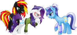 Size: 5000x2299 | Tagged: safe, artist:kruszyna25, artist:x-blackpearl-x, character:minuette, character:rarity, oc, oc:fire sky, species:pegasus, species:pony, species:unicorn, antagonist, baddie, braces, cheerleader, clothing, conflict, exmarefriend, female, fight, glasses rarity, grease, green sweater, high school, male, mare, messy hair, nerdity, save, smiling, stallion, sweater, younger