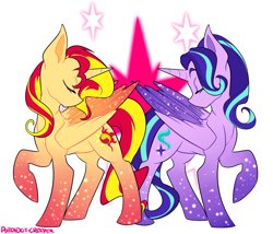 Size: 2197x1882 | Tagged: safe, artist:polkadot-creeper, character:starlight glimmer, character:sunset shimmer, species:alicorn, species:pony, my little pony:equestria girls, alicornified, cutie mark, cutie mark background, duo, eyes closed, good end, race swap, shimmercorn, starlicorn, xk-class end-of-the-world scenario