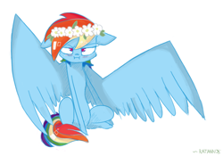 Size: 2853x2001 | Tagged: safe, artist:ratann, character:rainbow dash, species:pegasus, species:pony, blushing, female, floral head wreath, flower, flower in hair, grumpy, i'm not cute, mare, rainbow dash is not amused, simple background, solo, spread wings, unamused, wings