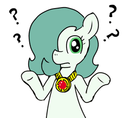 Size: 640x600 | Tagged: safe, artist:ficficponyfic, artist:methidman, edit, oc, oc only, oc:emerald jewel, species:earth pony, species:pony, amulet, child, color, color edit, colored, colt, colt quest, foal, hair over one eye, image macro, male, meme, question mark, reaction, reaction image, shrug, simple background, solo, white background