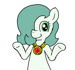 Size: 640x600 | Tagged: safe, artist:ficficponyfic, artist:methidman, edit, oc, oc only, oc:emerald jewel, species:earth pony, species:pony, amulet, child, color, color edit, colored, colt, colt quest, cute, foal, hair over one eye, image macro, male, meme, reaction, reaction image, shrug, simple background, smiling, solo, white background