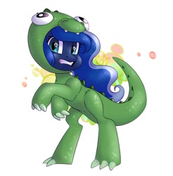 Size: 1024x1039 | Tagged: safe, artist:hollybright, character:princess luna, species:pony, clothing, costume, cute, dinosaur, dinosaur costume, female, looking at you, simple background, solo
