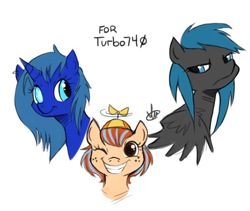 Size: 672x566 | Tagged: safe, artist:heart-of-stitches, oc, oc only, oc:blackout, oc:duckfoot, oc:sapphire, species:earth pony, species:pegasus, species:pony, species:unicorn, female, filly, mare, one eye closed, propeller hat, simple background, white background, wink