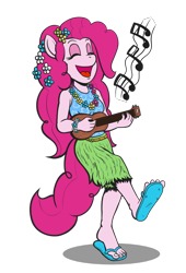 Size: 752x1109 | Tagged: safe, artist:regularmouseboy, character:pinkie pie, species:anthro, species:plantigrade anthro, episode:shake your tail, equestria girls:rainbow rocks, g4, my little pony: equestria girls, my little pony:equestria girls, clothing, cute, diapinkes, eyes closed, feet, female, flip-flops, flower, flower in hair, flower necklace, grass skirt, happy, hopping, hula, hulapie, laughing, lei, music notes, musical instrument, open mouth, sandals, simple background, skirt, solo, transparent background, ukulele