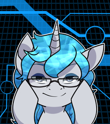 Size: 800x900 | Tagged: safe, artist:raponee, oc, oc only, oc:gear pulse, species:pony, species:unicorn, abstract background, glasses, looking at you, raised eyebrows
