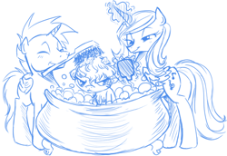 Size: 877x605 | Tagged: safe, artist:heart-of-stitches, oc, oc only, oc:harmony star, species:alicorn, species:pony, alicorn oc, bath, bathtub, chest fluff, claw foot bathtub, eyes closed, female, filly, forced bathing, frown, glowing horn, horn, lineart, magic, male, mare, monochrome, mouth hold, sketch, smiling, stallion, telekinesis