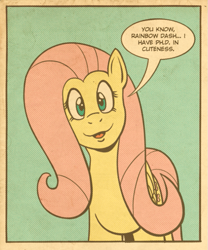 Size: 637x764 | Tagged: safe, artist:regularmouseboy, character:fluttershy, species:pony, comic, cute, dialogue, female, looking at you, old school, remake, retro, simple background, solo, speech bubble, vintage