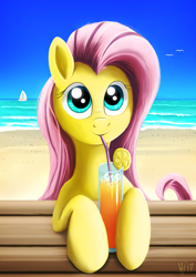 Size: 1480x2093 | Tagged: safe, artist:jphyperx, character:fluttershy, species:pegasus, species:pony, beach, bust, cocktail, cute, drink, drinking, drinking straw, female, hoof hold, looking at you, mare, ocean, portrait, shyabetes, solo