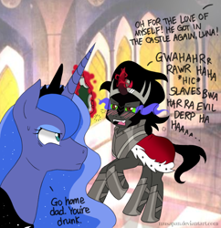 Size: 816x842 | Tagged: safe, artist:musapan, character:king sombra, character:princess luna, spoiler:s03, alcohol, drunk, go home you're drunk, wat