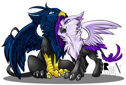 Size: 1201x814 | Tagged: safe, artist:allocen, oc, oc only, oc:eid, oc:ravyne, species:classical hippogriff, species:griffon, species:hippogriff, chest fluff, classical hippogriff oc, claws, cuddling, female, fluffy, griffon oc, male, oc x oc, rubbing, shipping, simple background, sitting, spread wings, straight, talons, transparent background, wings