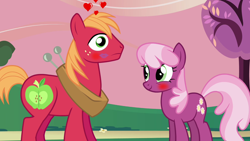 Size: 1280x720 | Tagged: safe, artist:rozyfly10, edit, edited screencap, screencap, character:big mcintosh, character:cheerilee, species:earth pony, species:pony, ship:cheerimac, blushing, female, kiss mark, lipstick, male, mare, shipping, smiling, stallion, straight