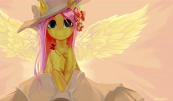 Size: 9892x5784 | Tagged: safe, artist:utauyan, character:fluttershy, species:pony, absurd resolution, bust, clothing, crossed hooves, dress, female, flower, flower in hair, hat, looking at you, portrait, solo, spread wings, wings