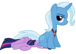 Size: 1024x732 | Tagged: safe, artist:rozyfly10, character:trixie, character:twilight sparkle, character:twilight sparkle (alicorn), species:alicorn, species:pony, species:unicorn, ship:twixie, alicorn amulet, facesitting, female, lesbian, lying down, on side, prize on the eyes, shipping, simple background, sitting, sitting on pony, transparent background, underass