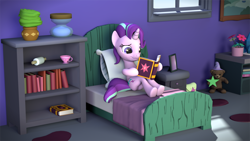 Size: 1920x1080 | Tagged: safe, artist:tehwatever, character:starlight glimmer, species:pony, species:unicorn, episode:fame and misfortune, g4, my little pony: friendship is magic, 3d, anatomically incorrect, bed, book, cup, female, friendship journal, gmod, hoof hold, incorrect leg anatomy, mare, pillow, reading, sitting, solo, starlight's room, teacup