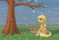 Size: 5466x3771 | Tagged: safe, artist:morevespenegas, character:applejack, species:earth pony, species:pony, female, flower petals, looking up, mare, sitting, solo, tree