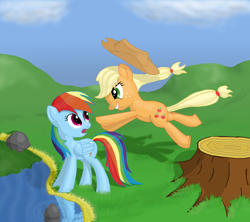 Size: 4500x4000 | Tagged: safe, artist:morevespenegas, character:applejack, character:rainbow dash, pond, water