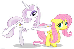 Size: 3000x2000 | Tagged: safe, artist:larsurus, part of a set, character:fleur-de-lis, character:fluttershy, species:pegasus, species:pony, species:unicorn, duo, duo female, female, floppy ears, high res, mare, nervous, part of a series, pose, raised hoof, simple background, smiling, transparent background, vector, wavy mouth