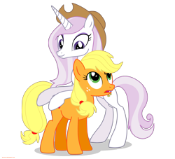 Size: 2200x2000 | Tagged: safe, artist:larsurus, part of a set, character:applejack, character:fleur-de-lis, species:earth pony, species:pony, species:unicorn, accessory swap, duo, duo female, female, high res, mare, part of a series, simple background, solo, transparent background, vector