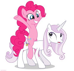 Size: 2200x2100 | Tagged: safe, artist:larsurus, part of a set, character:fleur-de-lis, character:pinkie pie, species:earth pony, species:pony, species:unicorn, confused, duo, duo female, female, grin, high res, mare, part of a series, ponies riding ponies, riding, simple background, smiling, solo, transparent background, vector