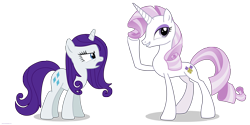 Size: 4000x2000 | Tagged: safe, artist:larsurus, part of a set, character:fleur-de-lis, character:rarity, species:pony, species:unicorn, annoyed, duo, duo female, female, mane swap, mare, part of a series, raised hoof, simple background, transparent background, vector