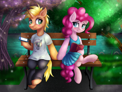 Size: 2000x1500 | Tagged: safe, artist:kruszyna25, character:pinkie pie, oc, species:earth pony, species:pony, species:unicorn, bench, blushing, book, canon x oc, cellphone, clothing, dress, female, looking at each other, male, mare, meeting, park, phone, river, shy, smartphone, smiling, stallion, straight, sunshine, tree