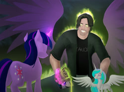 Size: 1500x1112 | Tagged: safe, artist:jaeneth, character:princess celestia, character:twilight sparkle, species:alicorn, species:human, species:pony, species:unicorn, alternate timeline, angry, crossover, everything is ruined, frown, glow, glowing eyes, glowing hands, glowing horn, gul'dan, hidden eyes, levitation, m.a. larson, magic, mannoroth, meme, open mouth, pennyroyal academy, plot, pouring, spread wings, telekinesis, thanks m.a. larson, warcraft, wide eyes, wings, world of warcraft