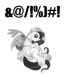 Size: 958x1134 | Tagged: safe, artist:chaosrruruus, character:fluttershy, species:pegasus, species:pony, :o, backpack, barrette, clothing, digital art, dress, exclamation point, female, grayscale, hairpin, hat, looking at you, lying down, mare, monochrome, on side, open mouth, pacifier, randoseru, school uniform, simple background, solo, spread wings, text, underhoof, white background, wings