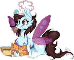 Size: 1404x1132 | Tagged: safe, artist:woonborg, oc, oc only, oc:lucy, species:pony, apron, baking, batter, bowl, cheek fluff, chef's hat, chest fluff, clothing, cookbook, ear fluff, female, food, hat, mare, mouth hold, prone, simple background, smiling, solo, spoon, transparent background